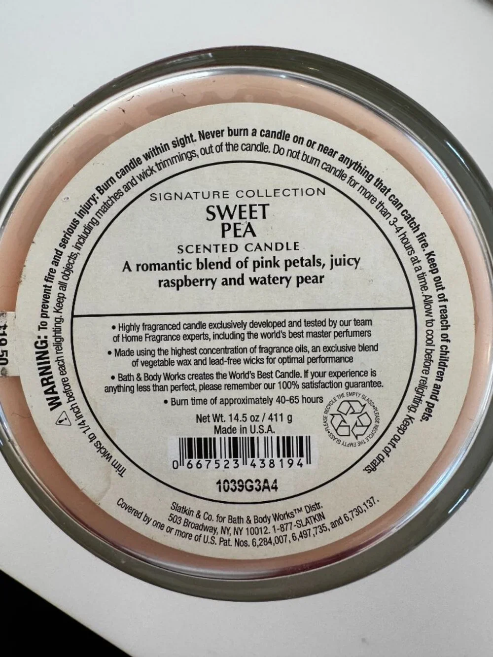 Bath & Body Works Sweet Pea 14.5 3-wick candle - Picture 3 of 3